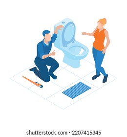 Plumbing service isometric composition with plumber fixing toilet bowl at home 3d vector illustration