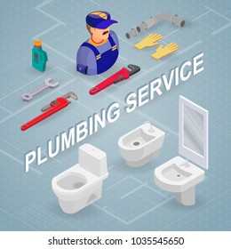 Plumbing service. Isometric interior repairs concept. Worker, equipment and items isometric icon. Plumber in uniform, professional tools, toilet, bidet and  sink. Vector flat 3d illustration.