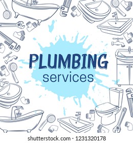 Plumbing service layout page design. Hand drawn shower, bathroom sink, toilet, sanitary wrench and tap for house plumbing promotion design. Sketch vector illustration with drops of watercolor.