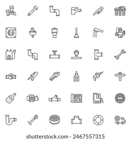 Plumbing service line icons set. linear style symbols collection, outline signs pack. Plumbing vector graphics. Set includes icons as Plumber, Wrench, Pipe, Faucet, Water Pressure Gauge, Toilet, Sink