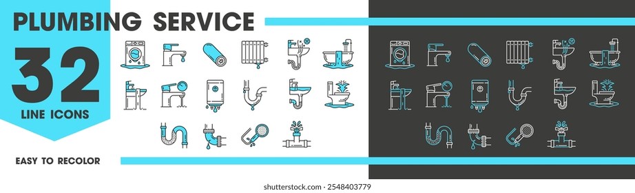 Plumbing service line icons of water pipe drain or sewerage repair vector pictograms. Plumber service icons for kitchen sink and bathroom pipe leak, blockage fix and sewage pipes sanitary maintenance