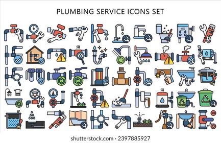 Plumbing service lineal multi color icons set. contain bath, pipe, wrench, shower and more. use for modern concept, best for UI or UX kit, web and app development. vector EPS 10.
