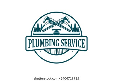Plumbing service logo badge design, mongkey wrench and pipe faucet element.