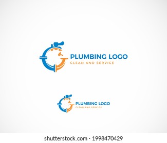 Plumbing service logo in blue, plumbing symbol on white with text. Vector illustration.