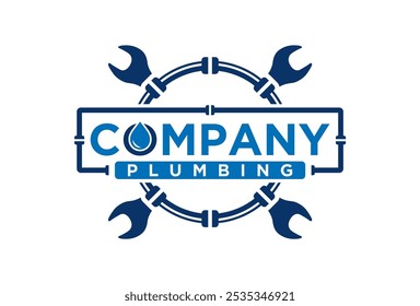 Loodgietersdienst logo in blauw, symbool op wit met tekst. Vectorontwerp