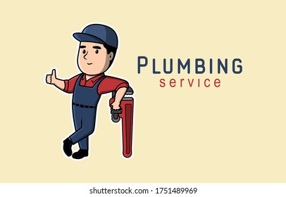 Plumbing Service Logo Design Concept. Plumber Characters With Wrench. Retro Cartoon  Vector Illustrations.