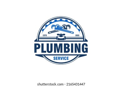 Plumbing service logo design emblem badge industrial home service with tap wrench pipe gear element