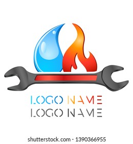 plumbing service - logo design - wrench, flame, water drop