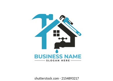 plumbing service logo with pipe wrench water tap and hammer