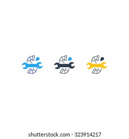 Plumbing service logo, pipes drain concept, repair works, facility installment, water drop, pipe and wrench plumbing icon, vector illustration