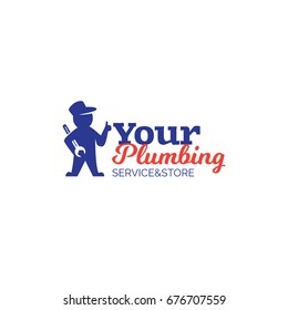 Plumbing service logo with repairman holding wrench and showing thumbs up. Vector plumber sign
