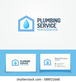 Plumbing Service Logo Set With House And Water Drop And Business Card For Used Plumbing And Heating Company, Sanitary And Hygiene Firm, Fix And Repair Leak And Pipe Etc. Vector Illustration