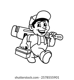 plumbing service mascot retro logo design, handyman Carrying Tools Box and Pipe Wrench, sticker, vector, character, editable, cartoon, coloring book