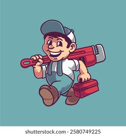 plumbing service mascot retro logo design, handyman Carrying Tools Box and Pipe Wrench, sticker, vector, character, editable, cartoon