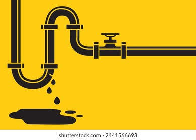 plumbing service pattern with leaking pipe and water puddle isolated on yellow background