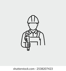 Plumbing Service Plumber With Heavy Duty Pipe Wrench Vector Line Icon