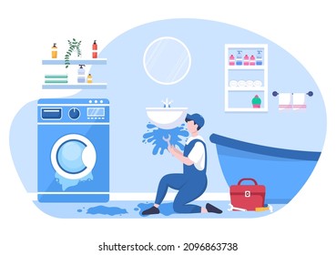 Plumbing Service with Plumber Workers Repair, Maintenance Fix Home and Cleaning Bathroom Equipment in Flat Background Illustration