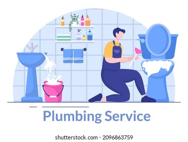 Plumbing Service with Plumber Workers Repair, Maintenance Fix Home and Cleaning Bathroom Equipment in Flat Background Illustration