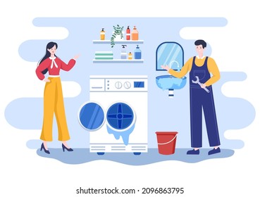 Plumbing Service with Plumber Workers Repair, Maintenance Fix Home and Cleaning Bathroom Equipment in Flat Background Illustration