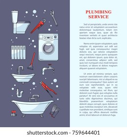 Plumbing service poster, leaflet, web page design with bathtub, toilet bowl, sink, washing machine, plumber tools and place for text, cartoon vector illustration Plumbing services poster template