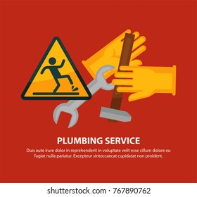 Plumbing service promotional poster with tools and warn sign