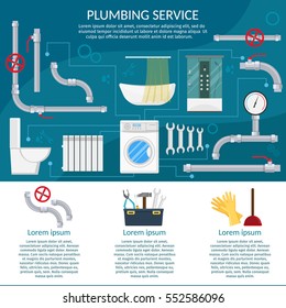 Plumbing Service repairing Installation and pipe flat labels Tools and Device infographics with isolated vector illustration