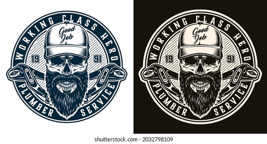 Plumbing service round badge with bearded and mustached skull in baseball cap and adjustable pliers in vintage monochrome style isolated vector illustration