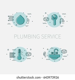 Plumbing service set of illustrations and logos with water drop, adjustable pipe wrench, thermometer and sink basin