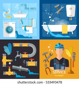 Plumbing service set. Professional plumber, different tools and accessories, pipe repair, elimination of leaks. 