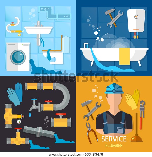 管道服务套装 专业水管工 不同的工具及配件 管道修理 消除泄漏 库存矢量图 免版税