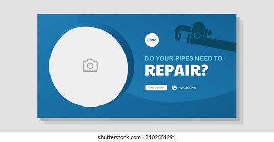 Plumbing service social media banner, plumber advertisement, blue gradient ad, pipes repair abstract flyer leaflet concept, isolated.