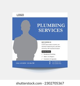 Plumbing service social media post template, plumber expert banner concept, repair pipes from sinks advertisement, toilets and bathrooms, abstract campaign editable, isolated.