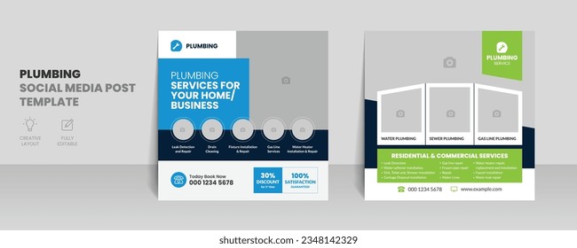 Plumbing service social media post banner template with professional handyman home repair web banner design layout