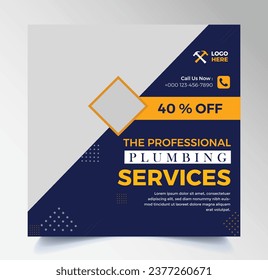 Plumbing service social media post template, plumber expert banner concept, repair pipes from sinks advertisement, toilets and bathrooms, abstract campaign editable, isolated.