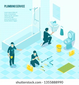 Plumbing service team in uniform installing sanitary in toilet shower bathroom isometric advertising composition poster vector illustration