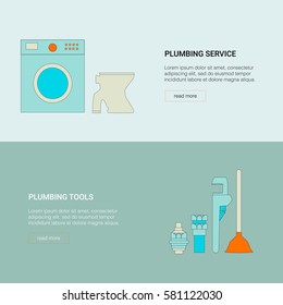 Plumbing service and tools web banner. Vector illustration.