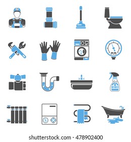 Plumbing Service Two Color Icons Set with Plumber, Device and Tools items. Isolated vector illustration.