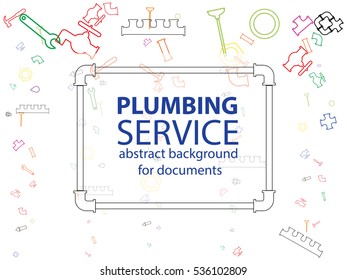 plumbing service. valves, gate valves, angles, tubes, valves for water, sewer and water pipes. Tools for sewer cleaning, plumbing service. abstract background for documents. 