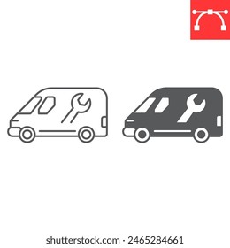 Plumbing service van line and glyph icon, plumbing service and transport, handyman truck vector icon, vector graphics, editable stroke outline sign, eps 10.