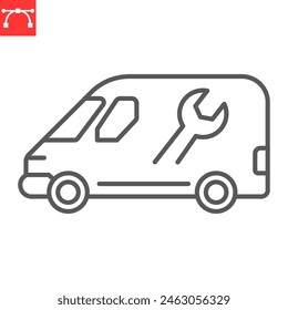 Plumbing service van line icon, plumbing service and transport, handyman truck vector icon, vector graphics, editable stroke outline sign, eps 10.