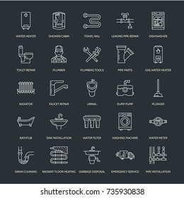 Plumbing service vector flat line icons. House bathroom equipment, faucet, toilet, pipeline, washing machine, dishwasher. Plumber repair illustration, thin linear signs for handyman services.