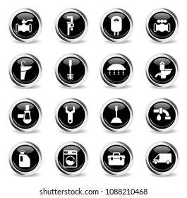 plumbing service vector icons - black round chrome buttons