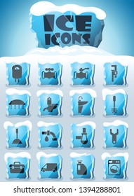 Plumbing Service Vector Icons Frozen In Transparent Blocks Of Ice