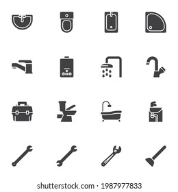 Juego de iconos vectoriales de servicio de fontanería, colección de símbolos sólidos, paquete de pictogramas de estilo relleno. Señales, ilustración del logotipo. El juego incluye iconos como reparación de baño, grifo de agua, inodoro, émbolo, calentador de agua