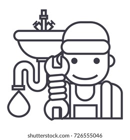 plumbing service vector line icon, sign, illustration on background, editable strokes