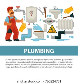 Plumbing service vector poster of bathroom toilet or kitchen plumber equipment