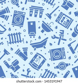 Plumbing service vector seamless pattern with flat silhouette icons of house bathroom equipment, faucet, toilet, washing machine, dishwasher. Plumber repair illustration, signs for handyman services.