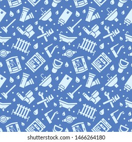Plumbing service vector seamless pattern with flat silhouette icons of house bathroom equipment, faucet, toilet, washing machine, dishwasher. Plumber repair illustration, signs for handyman services.