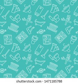 Plumbing service vector seamless pattern with flat line icons of house bathroom equipment, faucet toilet, washing machine, dishwasher. Plumber repair illustration, thin linear signs, handyman service.