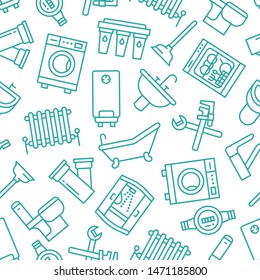 Plumbing service vector seamless pattern with flat line icons of house bathroom equipment, faucet toilet, washing machine, dishwasher. Plumber repair illustration, thin linear signs, handyman service.